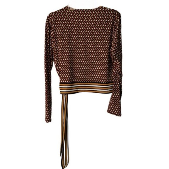Michael Kors Geometric Wrap Cropped Blouse in Black, Gold, And Cream Stripes L - Picture 4 of 5
